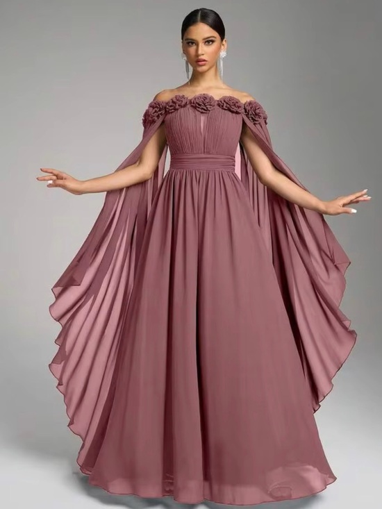 Dresses & Skirts - Off-Shoulder Rose Detail Evening Dress in Dusty Rose